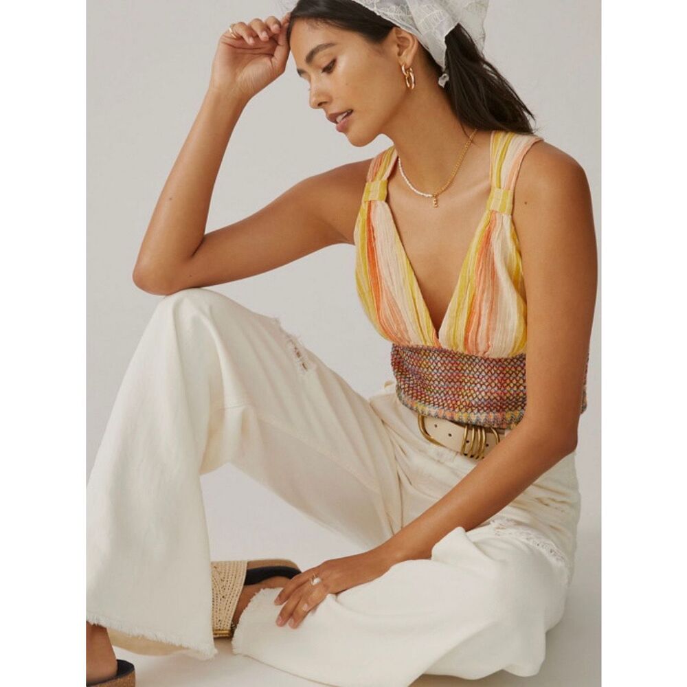 Anthropologie Large Striped Smocked Tank Crop Top Multicolor Boho Cotton V-Neck - Picture 7 of 11